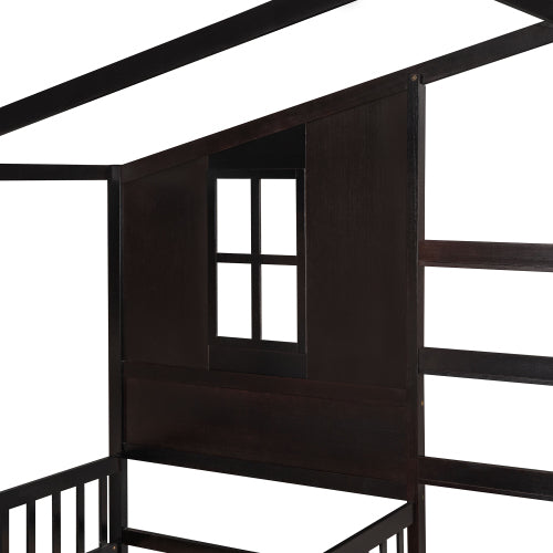 Wood House Bed Twin Size, 2 Twin Solid Bed L structure with fence and slatted frame, Espresso
