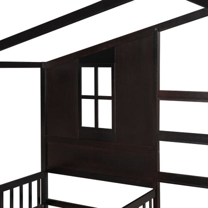 Wood House Bed Twin Size, 2 Twin Solid Bed L structure with fence and slatted frame, Espresso