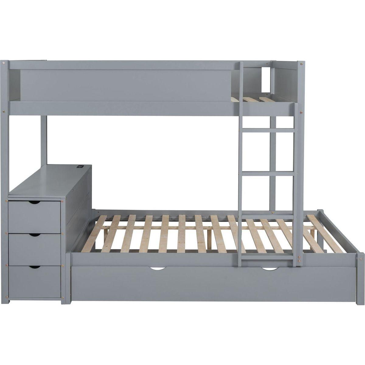 Full-Over-Full Bunk Bed with Twin size Trundle, Storage and Desk, Gray