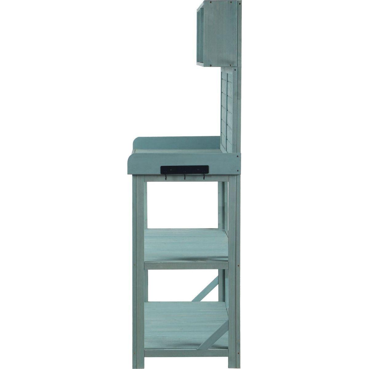 65" Large Wooden Farmhouse Rustic Outdoor Potting Bench Table, Patio Workstation, Garden Potting Bench with 4 Storage Shelves and Side Hook,Green