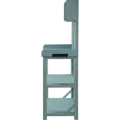 65" Large Wooden Farmhouse Rustic Outdoor Potting Bench Table, Patio Workstation, Garden Potting Bench with 4 Storage Shelves and Side Hook,Green