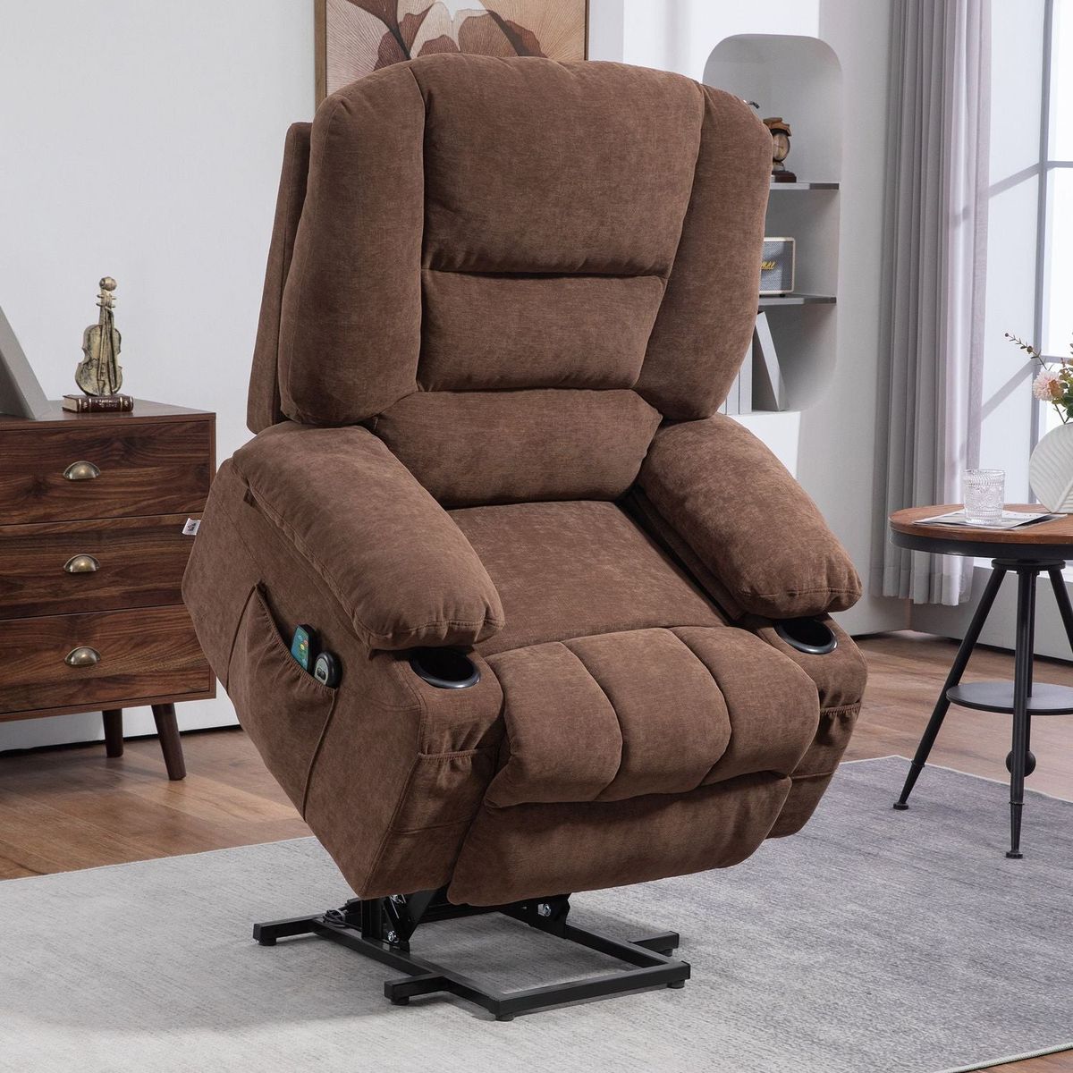 Power Lift Recliner Chair Sofa with Vibration Massage and Heat, Fabric Lift Chair for Elderly, Massage Recliner Chair with Remote Control, Side Pockets, Quick Assembly, Brown