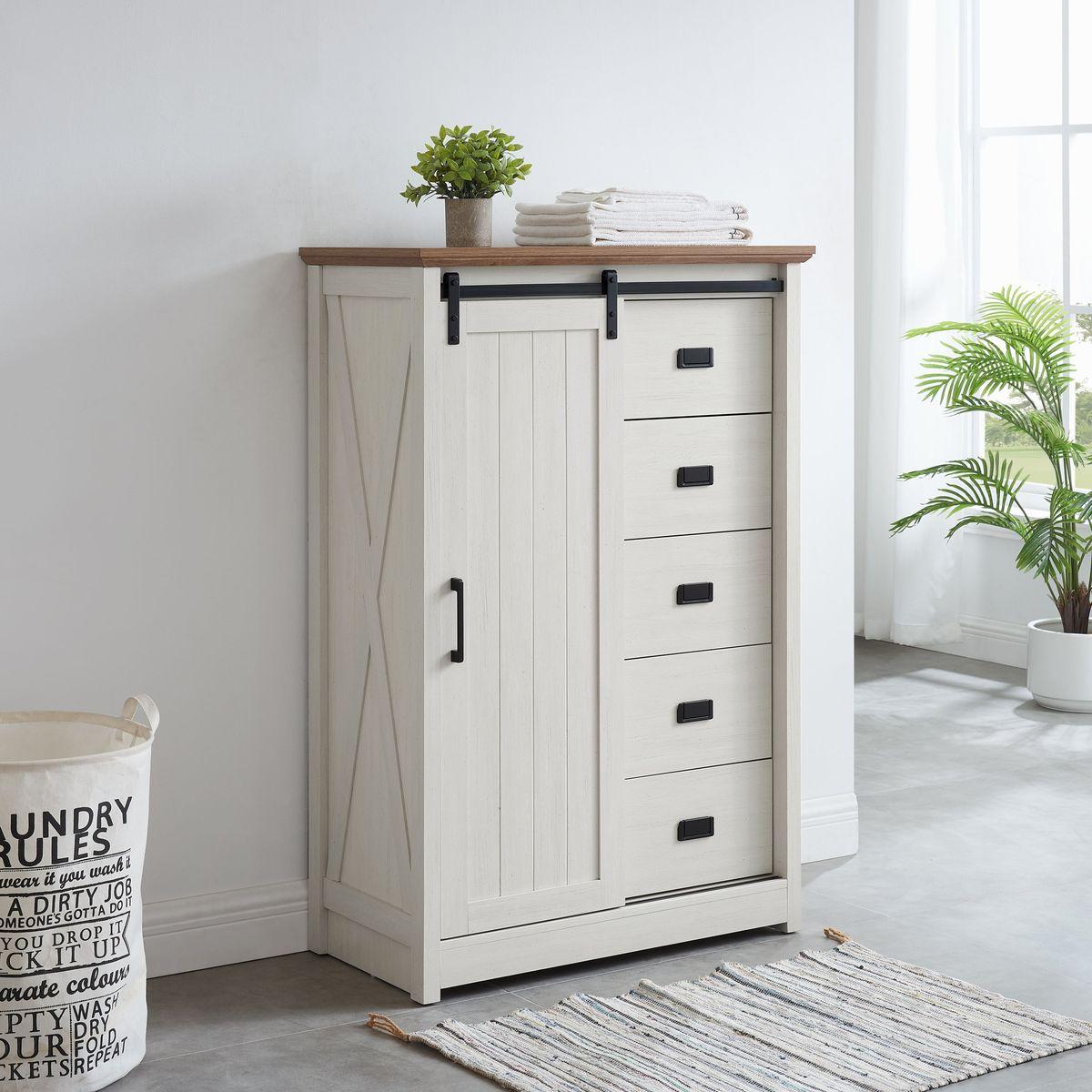 5 Drawers Dresser w/Sliding Barn Door, Farmhouse Modern Tall Dresser 5 Chest of Drawers, Storage Organizer Dresser for Bedroom, Hallway, Living Room, Kids Room WHITE