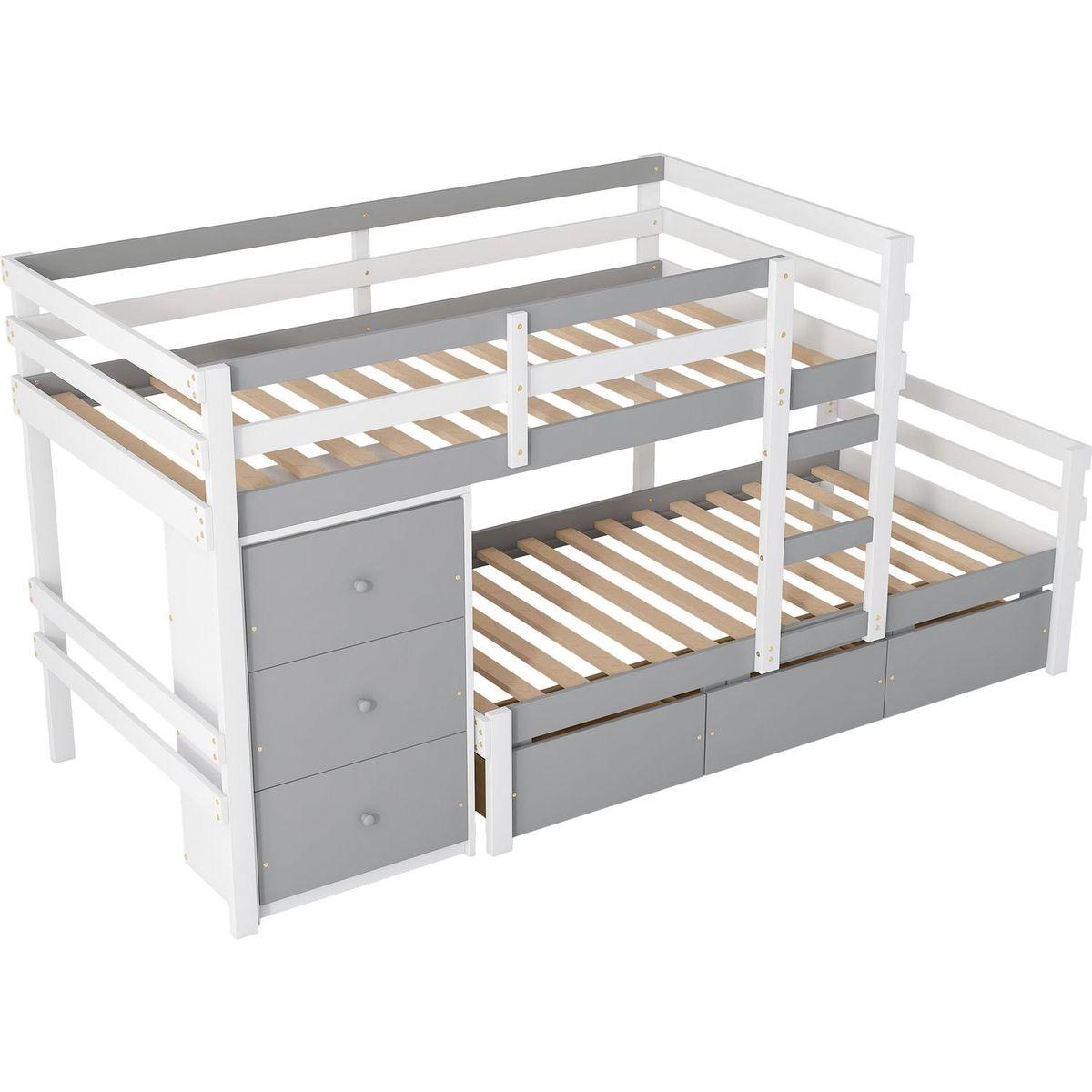 Twin over Twin Loft Bunk Bed with Drawers and Ladder, Gray
