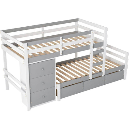 Twin over Twin Loft Bunk Bed with Drawers and Ladder, Gray