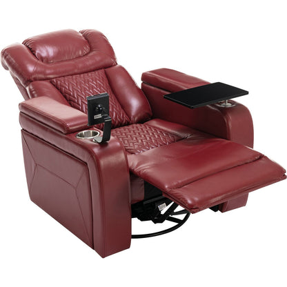 270 Degree Swivel PU Leather Power Recliner Individual Seat Home Theater Recliner with Comforable Backrest, Tray Table, Phone Holder, Cup Holder, USB Port, Hidden Arm Storage for Living Room, Red