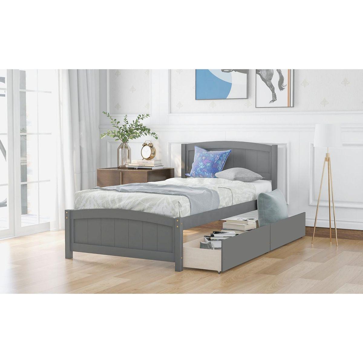 Twin size Platform Bed with Two Drawers, Gray