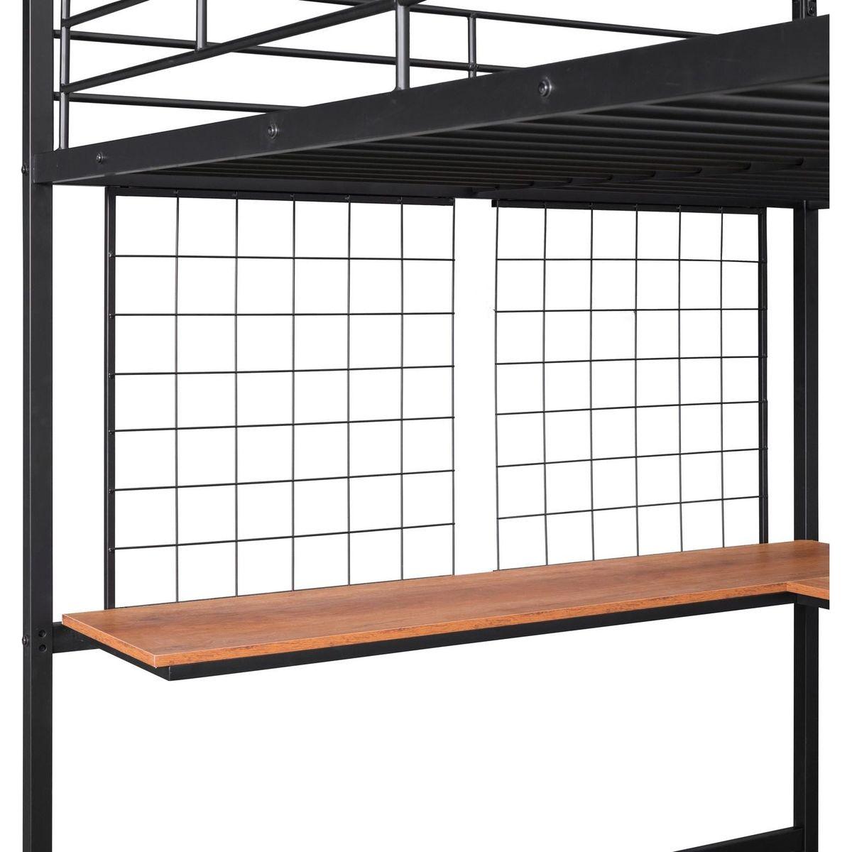 Full Metal Loft Bed with Desk and Metal Grid, Black