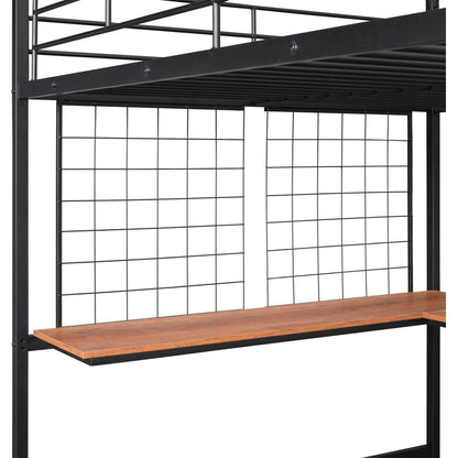 Full Metal Loft Bed with Desk and Metal Grid, Black