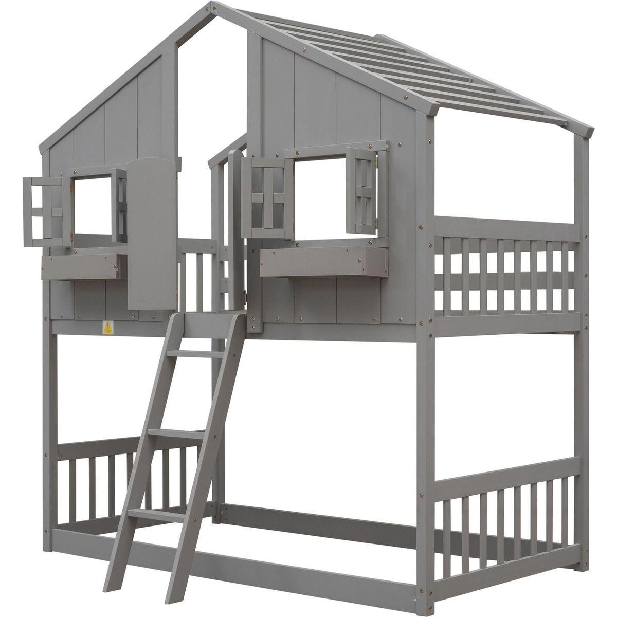 Twin over Twin House Bunk Bed with Roof, Window, Window Box, Door, with Safety Guardrails and Ladder, Grey
