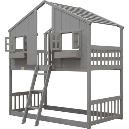 Twin over Twin House Bunk Bed with Roof, Window, Window Box, Door, with Safety Guardrails and Ladder, Grey