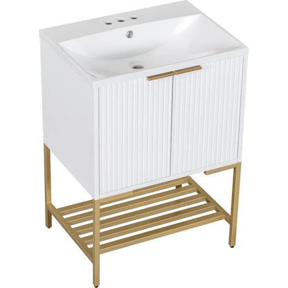 24" Bathroom Vanity with Sink, Bathroom Vanity Cabinet with Two Doors and Gold Metal Frame, Open Storage Shelf, White