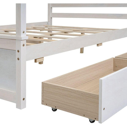Wood Canopy Bed with four Drawers, Full Size Canopy Platform Bed With Support Slats .No Box Spring Needed, Brushed White