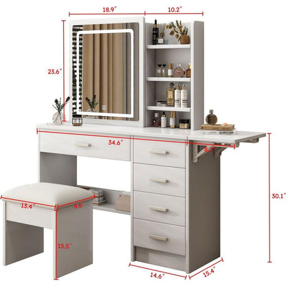 Fashion Vanity Desk with Mirror and Lights for Makeup with open shelves and Chair, Vanity Mirror with Lights and Table Set with 3 Color Lighting Brightness Adjustable, 5 Drawers, White Color