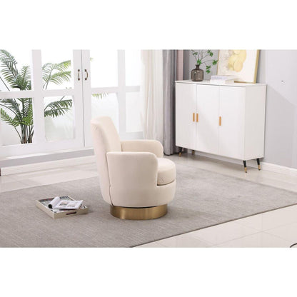 Velvet Swivel Barrel Chair, Swivel Accent Chairs Armchair for Living Room, Reading Chairs for Bedroom Comfy, Round Barrel Chairs with Gold Stainless Steel Base (Beige)