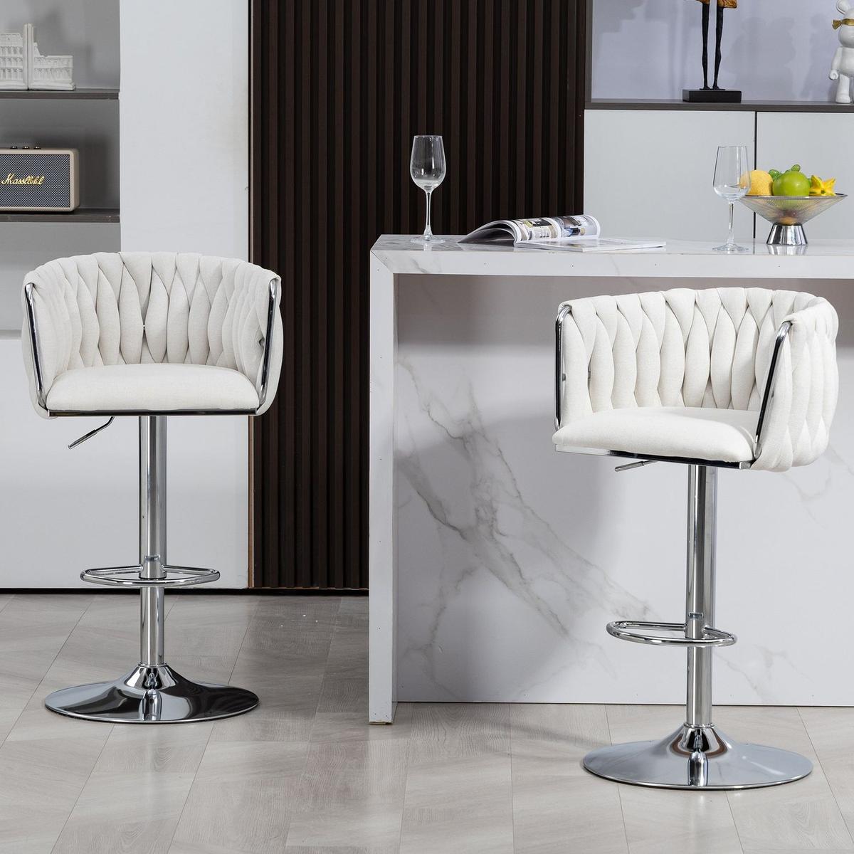 360 Fabric cover Swivel Bar Stools Set of 2, Adjustable Counter Height Bar Chairs with Woven Back & Footrest,Silver chromed Bar Stools for Kitchen Island, Cafe, Pub (Beige)