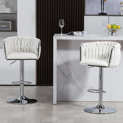 360 Fabric cover Swivel Bar Stools Set of 2, Adjustable Counter Height Bar Chairs with Woven Back & Footrest,Silver chromed Bar Stools for Kitchen Island, Cafe, Pub (Beige)