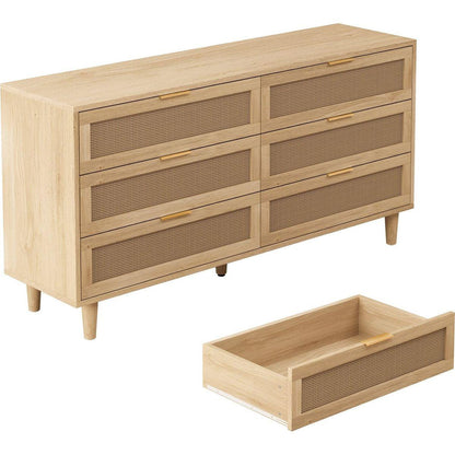 59.06"6-Drawers Rattan Storage Cabinet Rattan Drawer with White Drawer Slides,for Bedroom,Living Room,Natural