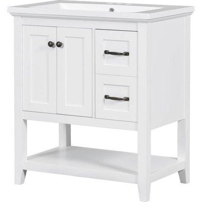 30" Bathroom Vanity with Ceramic Sink Top, Vanity Cabinet with Multi-Functional Drawer, Solid Wood Legs, White