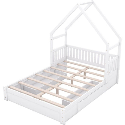 Wood Queen Size House Platform Bed with Guardrail and 2 Drawers, White