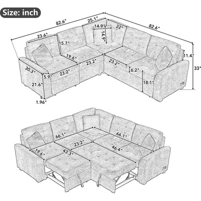 82.6" L-shape Sofa Bed Pull-out Sleeper Sofa with Wheels, USB Ports, Power Sockets for Living Room, Navy Blue