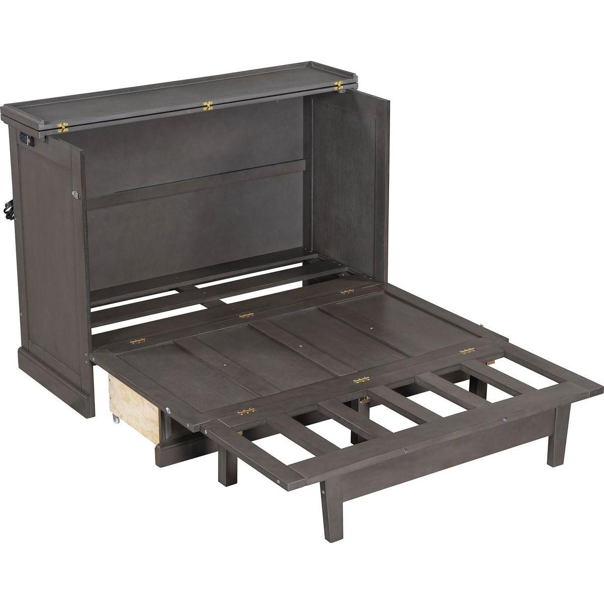 Solid Pine Murphy Bed Chest Cube Cabinet Bed with Charging Station and Large Storage Drawer for Home Office or Small Room,Full,Gray