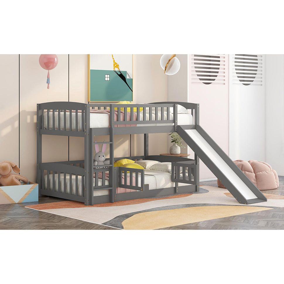 Bunk Bed with Slide,Twin Over Twin Low Bunk Bed with Fence and Ladder for Toddler Kids Teens Grey