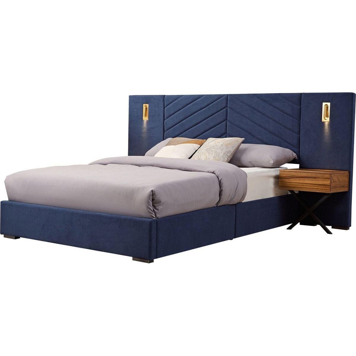 Queen Size Velvet Bed Frame/Vertical Channel Tufted Wingback Headboard/Upholstered Platform Bed/Strong Wooden Slats/No Box Spring Needed/Easy AssemblyRoyal blue