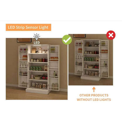 50" LED Kitchen Pantry Cabinet,Freestanding Buffet Cupboards Sideboard with 2 Doors with Racks and Shelves for Kitchen, Living Room and Dining Room-White