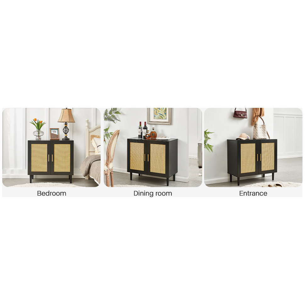 Side panel buffet cabinet with natural rattan door, rattan storage cabinet with adjustable shelves, side panel and buffet with storage space, modern console cabinet in bedroom and living room - Streamdale Furniture