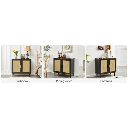 Side panel buffet cabinet with natural rattan door, rattan storage cabinet with adjustable shelves, side panel and buffet with storage space, modern console cabinet in bedroom and living room - Streamdale Furniture