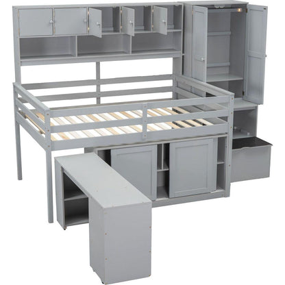 Full Size Wooden Loft Bed Big Storage with Under-bed Desk, with Drawers, with Shelves, Gray