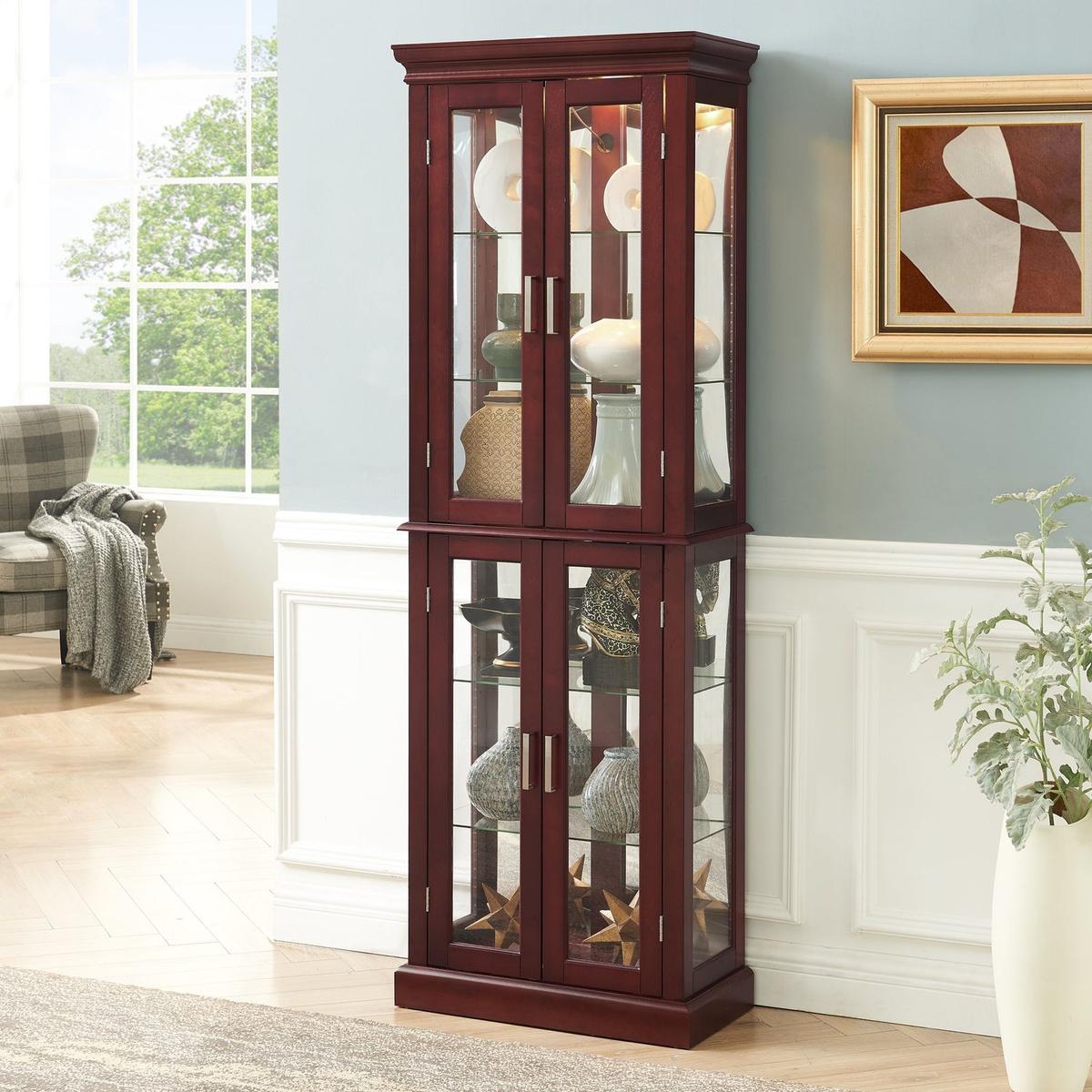 Curio Cabinet Lighted Curio Diapaly Cabinet with Adjustable Shelves and Mirrored Back Panel, Tempered Glass Doors (Cherry, 6 Tier), (E26 light bulb not included)