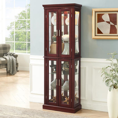 Curio Cabinet Lighted Curio Diapaly Cabinet with Adjustable Shelves and Mirrored Back Panel, Tempered Glass Doors (Cherry, 6 Tier), (E26 light bulb not included)
