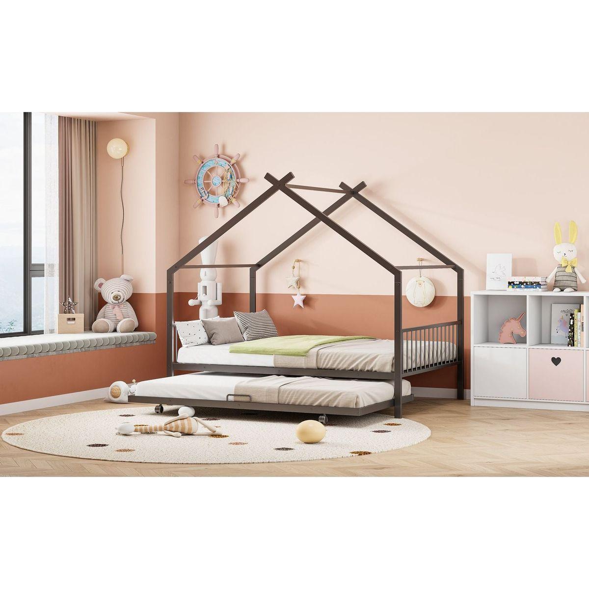 Full Size Metal House Bed with Twin Size Trundle, Black