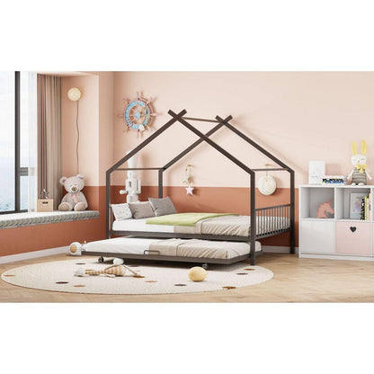 Full Size Metal House Bed with Twin Size Trundle, Black