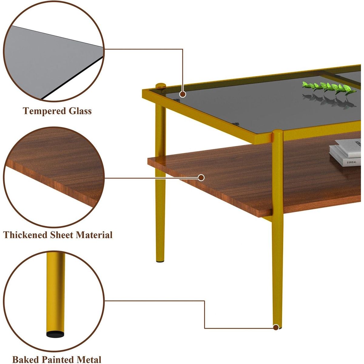 Rectangle Coffee Table with Gray Tempered Glass top and Golden Legs, Modern Table for Living Room