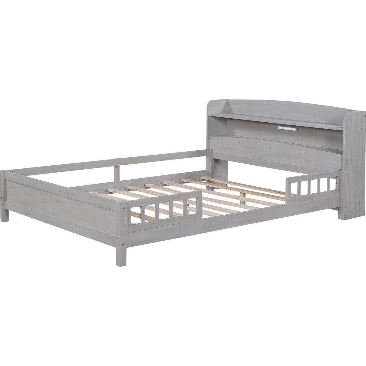 Wood Full Size Platform Bed with Built-in LED Light, Storage Headboard and Guardrail, Antique Grey