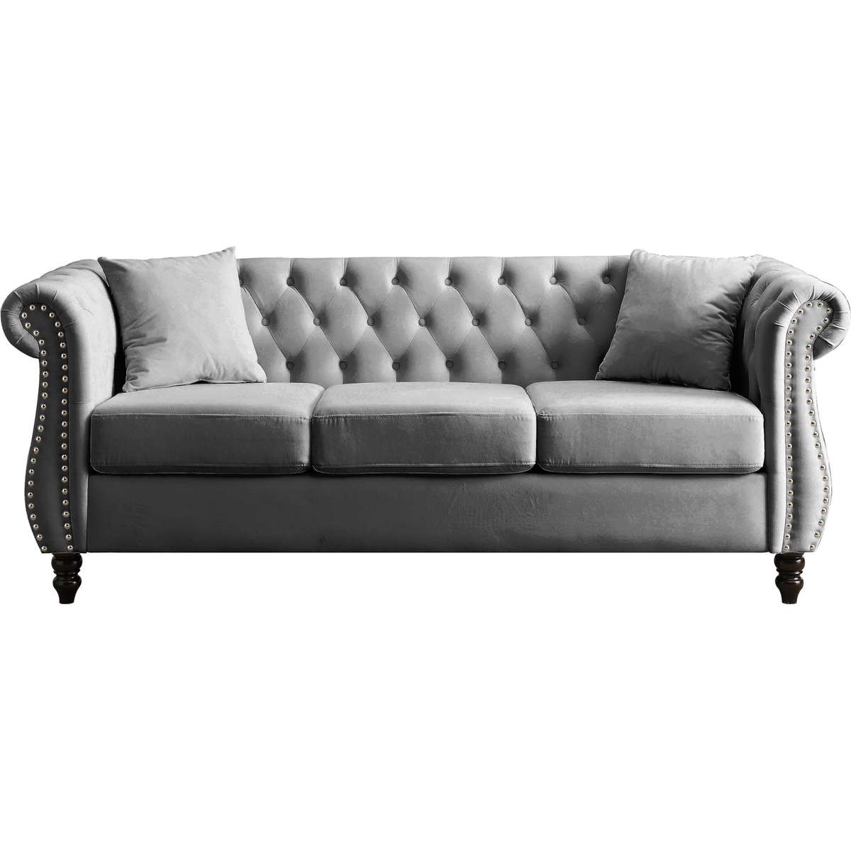 80" Chesterfield Sofa Grey Velvet for Living Room, 3 Seater Sofa Tufted Couch with Rolled Arms and Nailhead for Living Room, Bedroom, Office, Apartment, two pillows