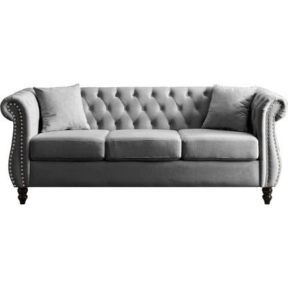 80" Chesterfield Sofa Grey Velvet for Living Room, 3 Seater Sofa Tufted Couch with Rolled Arms and Nailhead for Living Room, Bedroom, Office, Apartment, two pillows