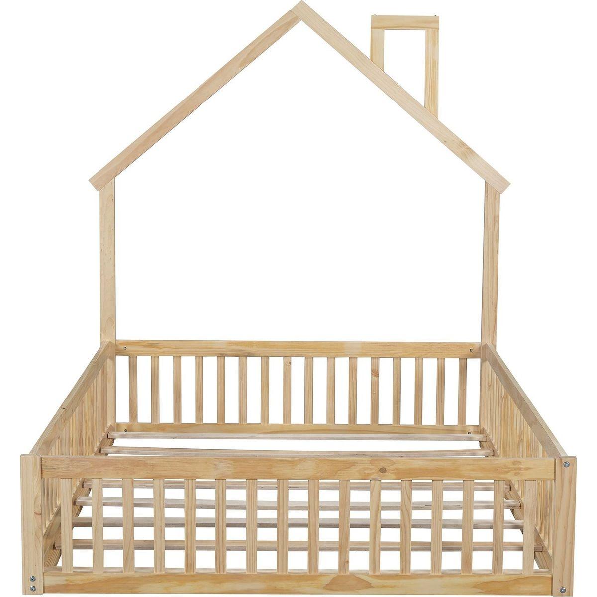 Wood Full Size House Platform Bed with Guardrail, Natural