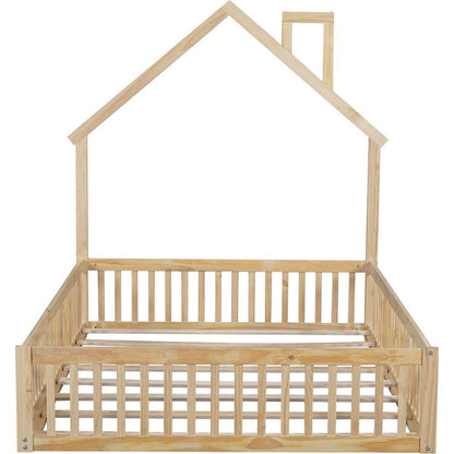 Wood Full Size House Platform Bed with Guardrail, Natural