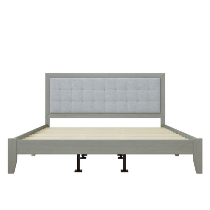 Mid-Century Solid Wood Platform Bed with Upholstered Headboard in Grey Fabric, King Size
