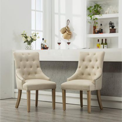 Tan Button Tufted Solid Wood Wingback Hostess Chairs with Nail Heads Set of 2