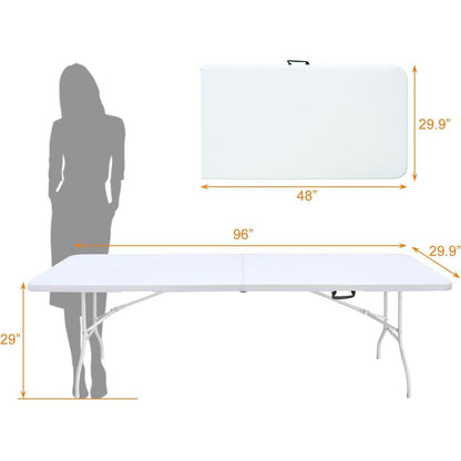 8ft Folding Table, Portable Plastic Table for Camping, Picnics, Parties, High Load Bearing Foldable Table White