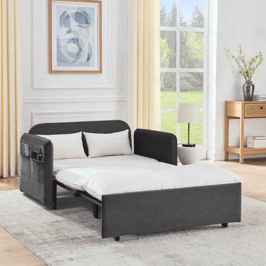 53" Modern Convertible Sofa Bed w/2 Removable Armrests w/USB Power Port, Velvet Recliner Adjustable Sofa w/Head Pull-Out Bed, 2 Pillows, For Living Room Apartment etc.