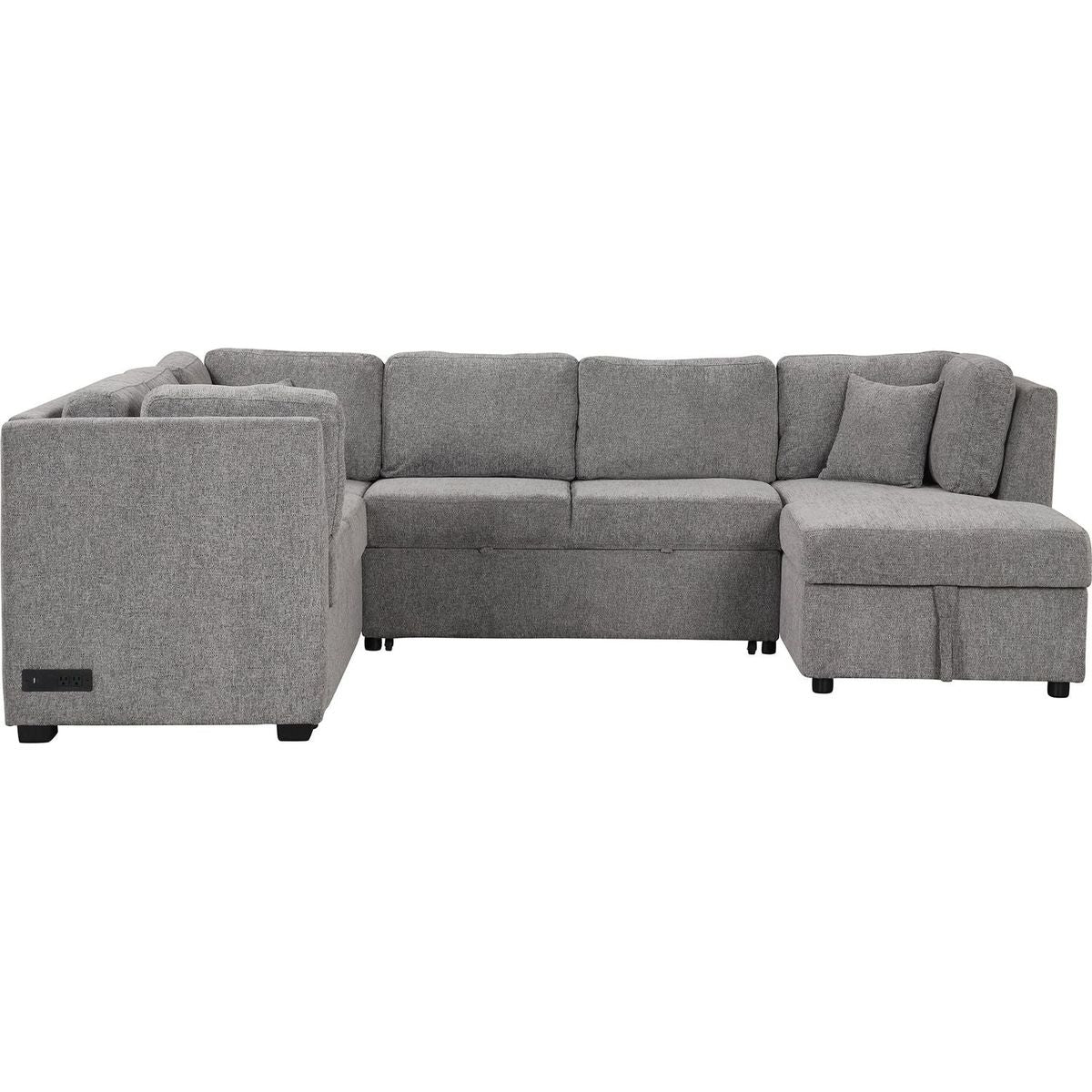 108.6" U-shaped Sectional Sofa Pull out Sofa Bed with Two USB Ports, Two Power Sockets, Three Back Pillows and a Storage Chaise for Living Room, Light Gray