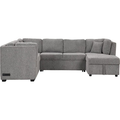 108.6" U-shaped Sectional Sofa Pull out Sofa Bed with Two USB Ports, Two Power Sockets, Three Back Pillows and a Storage Chaise for Living Room, Light Gray