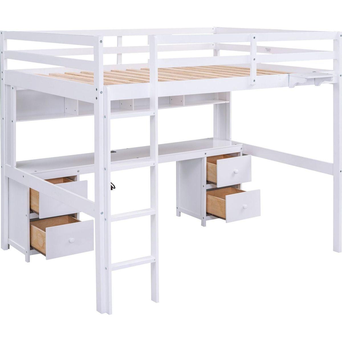 Full Size Loft Bed with Desk, Cabinets, Drawers and Bedside Tray, Charging Station, White