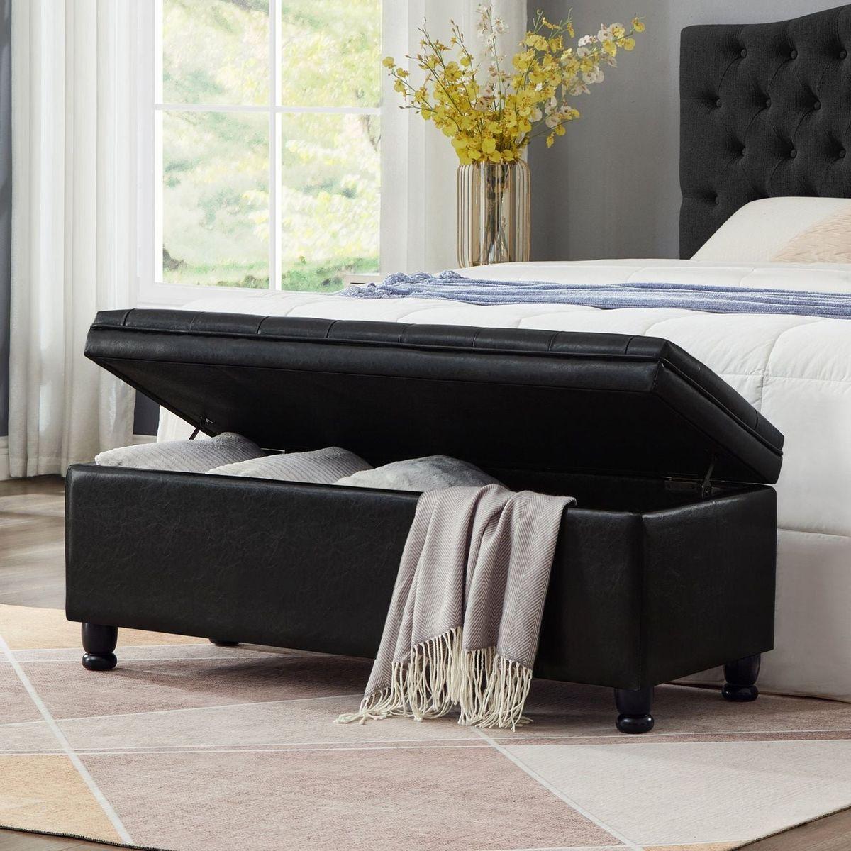 Upholstered tufted button storage bench, Faux leather entry bench with spindle wooden legs, Bed bench- Black